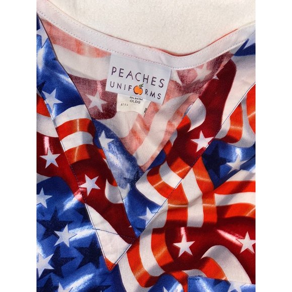 Peaches Patriotic Flag Medical V Neck Scrub Top - Picture 3 of 8